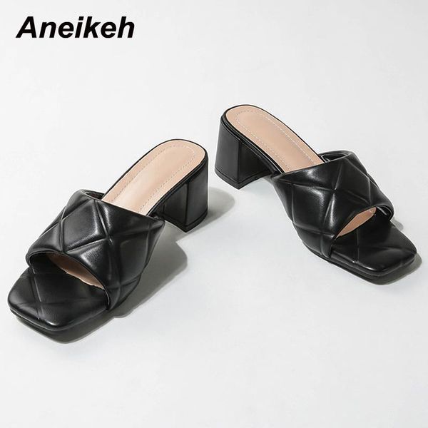 

aneikeh 2021 new fashion punk pu sewing slippers mules summer square heels sandals women's shoes checkered zapatos de mujer, Black