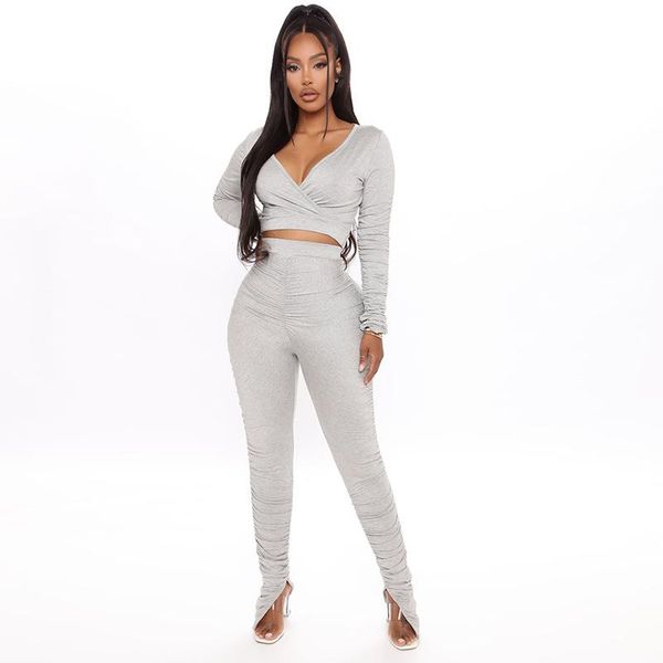 

women's two piece pants 2021 autumn fashion pleated cross v-neck t-shirt long sleeved trousers casual streetwear tracksuits, White