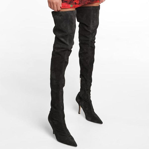 

boots suede stretch women high heel thigh autumn winter pointed toe over the knee solid color female, Black