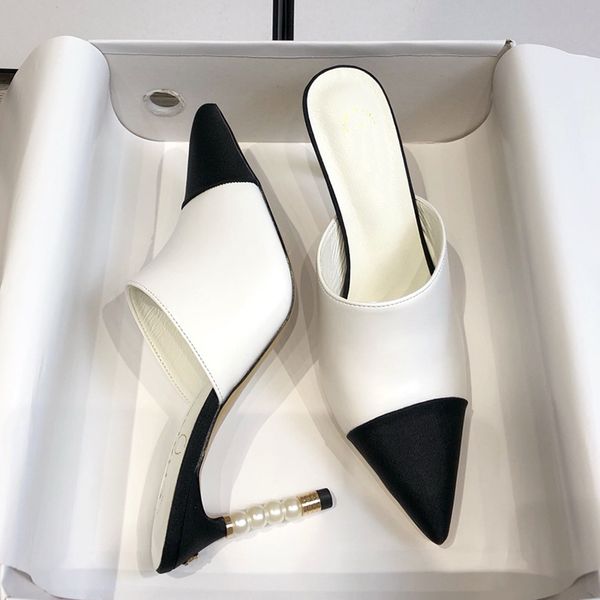 

new paris brand socialite high heel sandals women pearl beads heels toe slippers sheepskin slides leather designer shoes party sandal, Black