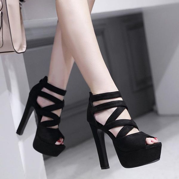 

black gray high-heeled women's sandals cross straps hollow fish mouth high-heeled thick heel waterproof platform women's sandals