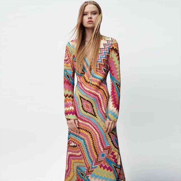 

za vintage greometric print womens dress casual fashion v neck contrast color slim party club outfits streewear, Black;gray