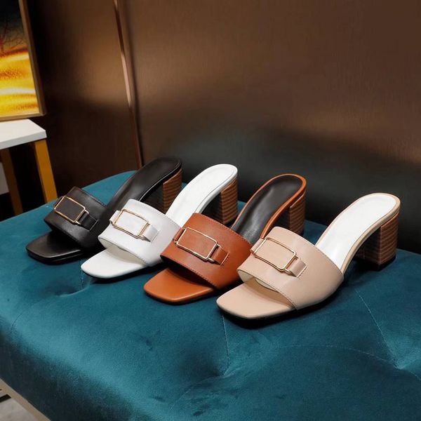 

2021 brang women slippers summer sandals fashion leather lady slipper metal woman shoes flat ladies slides with box, Black