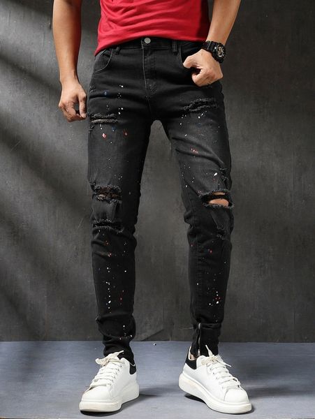 

men splatter painting ripped jeans r2dm#, Blue