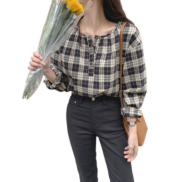 

missky new women shirt spring summer shirt loose button round neck plaid long sleeve female, White