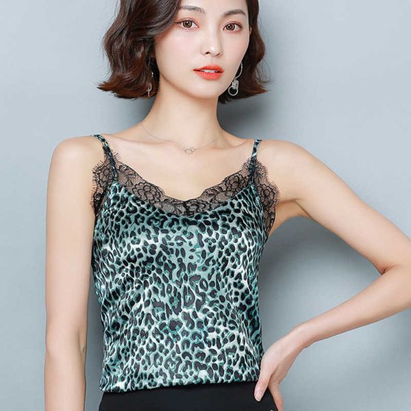 

korean women woman silk tank v-neck lace tees camis satin leopard print tanks tee plus size lady halter 210531, White