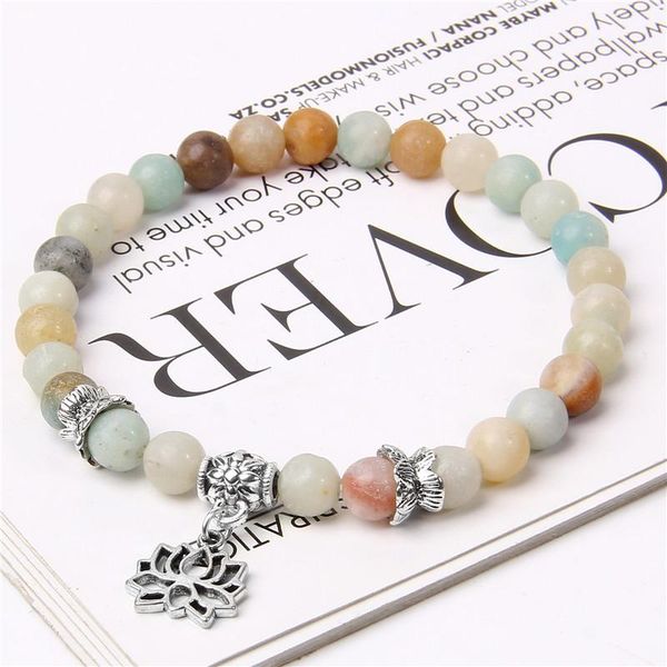 

beaded, strands natural stone amazonite bracelet men vintage buddism silver color lotus charm bracelets women mala prayer reiki pulsera jewe, Black
