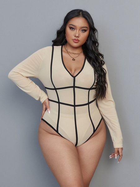 

plus contrast binding bodysuit without lingerie f5hn#, Black