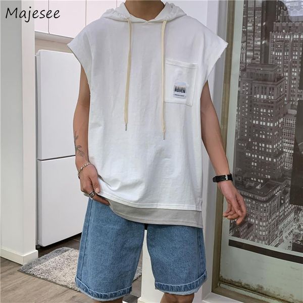 

men' tank men tanks summer patchwork fake-two pieces hooded sleeveless male loose all-match breathable pocket ulzzang simple leisure, White;black