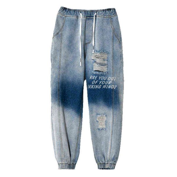 Männer Jeans Hosen Streetwear Denim Bänder Jogger Männer Baggy Harem Hip Hop Hosen G0104