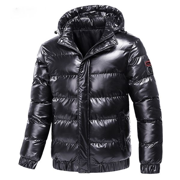 

autumn men's coat windbreaker fashion male cotton warm parka shiny down hood casual outerwear thermal black bomber jackets men 211129