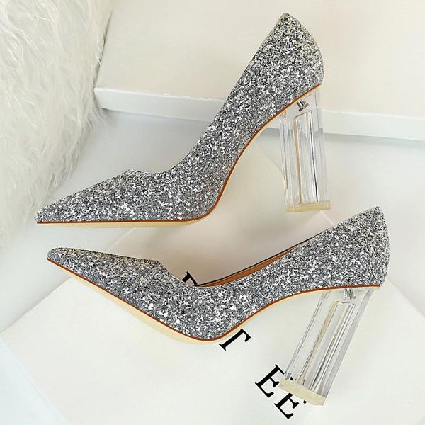 

dress shoes 2021 women 10cm high heels glitter scarpins gold silver block clear pumps lady wedding bridal transparent chunky, Black
