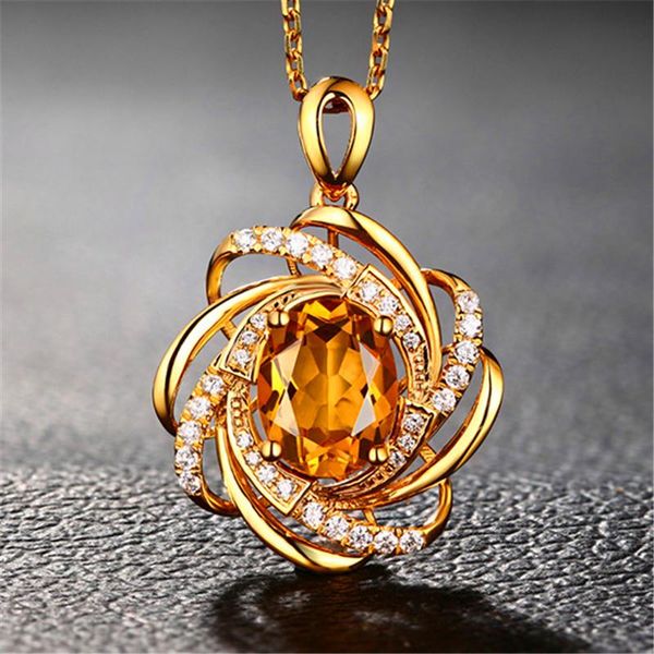 

pendant necklaces luxury female champagne crystal necklace cute gold color chain for women vintage oval flower wedding, Silver