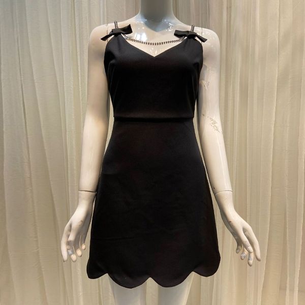 

casual dresses women strap summer bow diamonds chain high waist tunic black mini dbgn, Black;gray