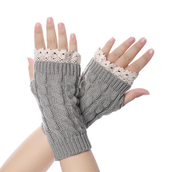 

five fingers gloves long fingerless knitted women winter woolen soft warm mittens girls lace knitting finger guantes, Blue;gray