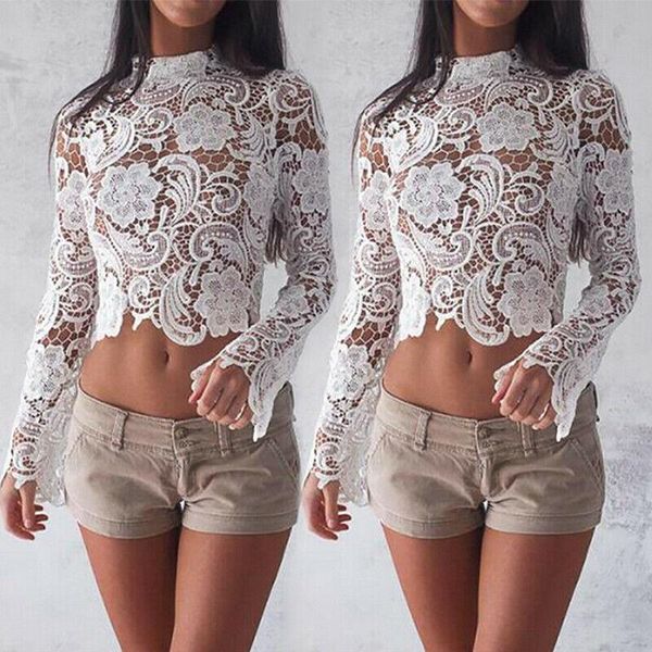 

women's blouses & shirts summer women lace hollow long sleeve elegant crochet crop out, White
