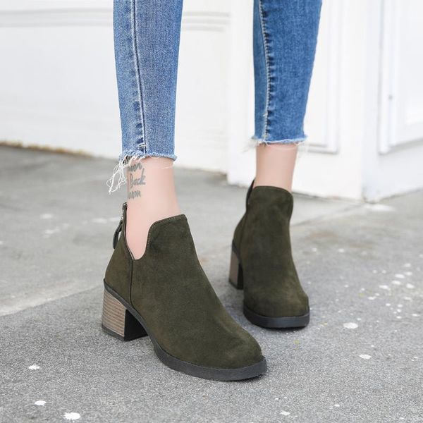 

boots 2021 winter women flock zipper short ankle female casual shoes woman square high heels round toe, Black