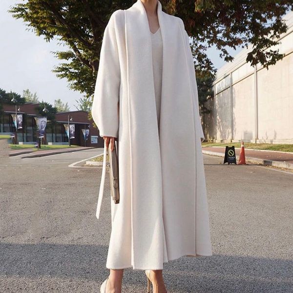 

women's wool & blends [ewq] korea chic 2021 winter elegance lace up loose large lapel open stitch long sleeve woolen jacket coat female, Black