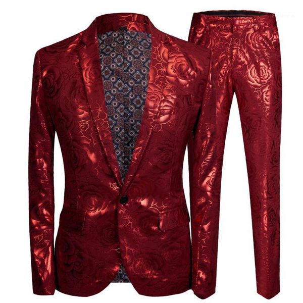 

m-5xl mens stylish shiny red rose print 2 pieces set latest coat pant designs men suits for weddingslim fit singers clothing1, White;black