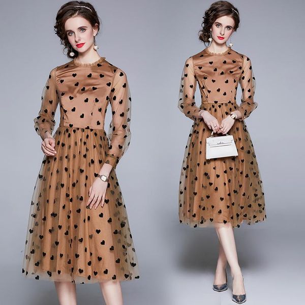 

casual dresses simgent khaki mesh dress women autumn long sleeve heart dot elegant vintage midi femme robe vestidos sg18173, Black;gray