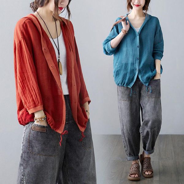 

women's blouses & shirts retro cotton and linen ladies shirt jacket woman 2021 summer loose hooded long sleeve thin short trend cover u, White