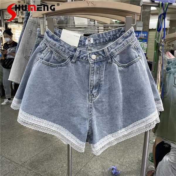 

women's jeans 2021 summer ladies fashion simple western style lace stitching denim shorts women high waist loose ins wide leg pants, Blue