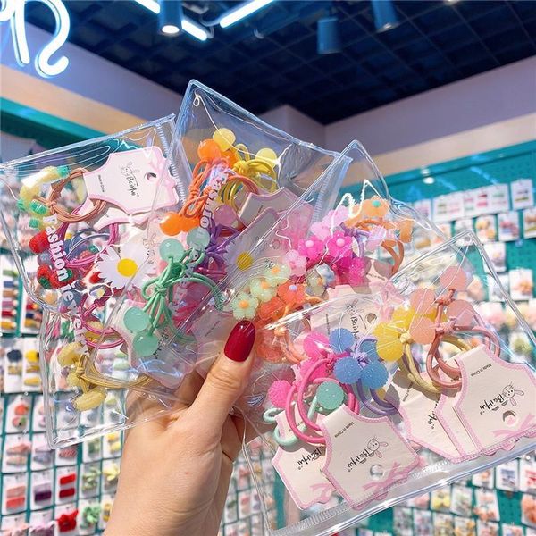 

hair accessories 5 pair fashion korean children's cute jelly color fruit flower rope sweet girl princess ponytail, Slivery;white