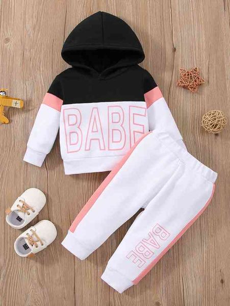 

baby letter graphic colorblock thermal hoodie & sweatpants she, White