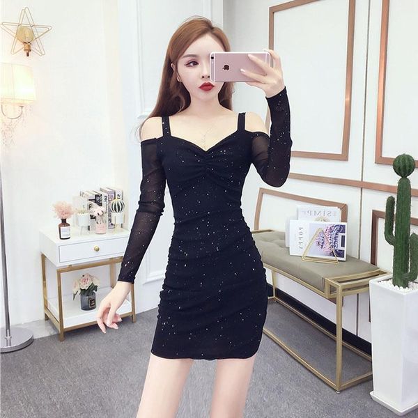

#5451 black red off shoulder dress women long sleeves short party dress ladies v neck bodycon mesh tight thin summer, Black;gray