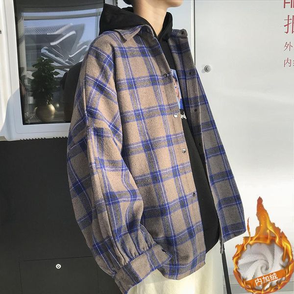 

men's casual shirts autumn plaid shirt men warm thick retro fashion wool jacket coat man loose long-sleeved male clothes, White;black