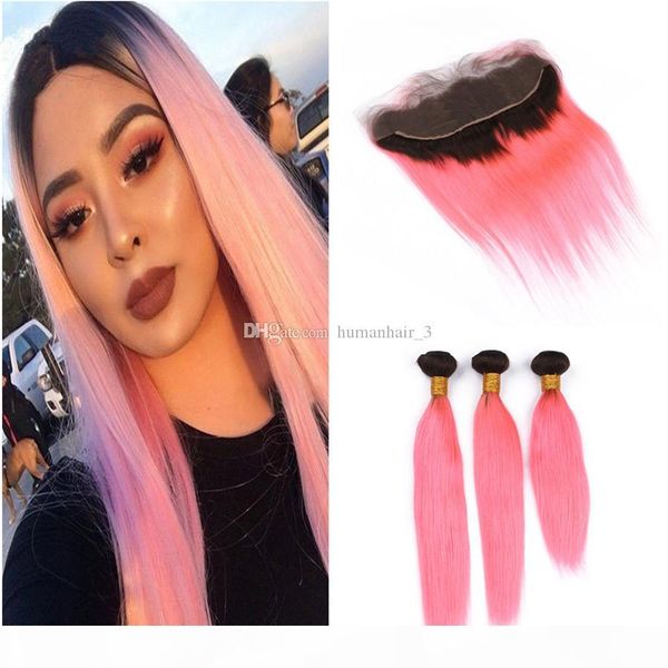 

two tone 1b pink hair extensions with 13x4 lace frontal closure dark roots pink straight hair extension with full lace frontal closure, Black;brown