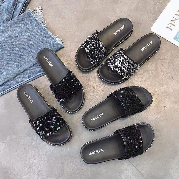 

slippers women fashionable thick-soled shoes in summer 2021 sequined sandals women's flat with soft soles, Black