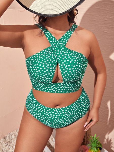 

plus ditsy floral print criss cross bikini swimsuit s2fb#, Black