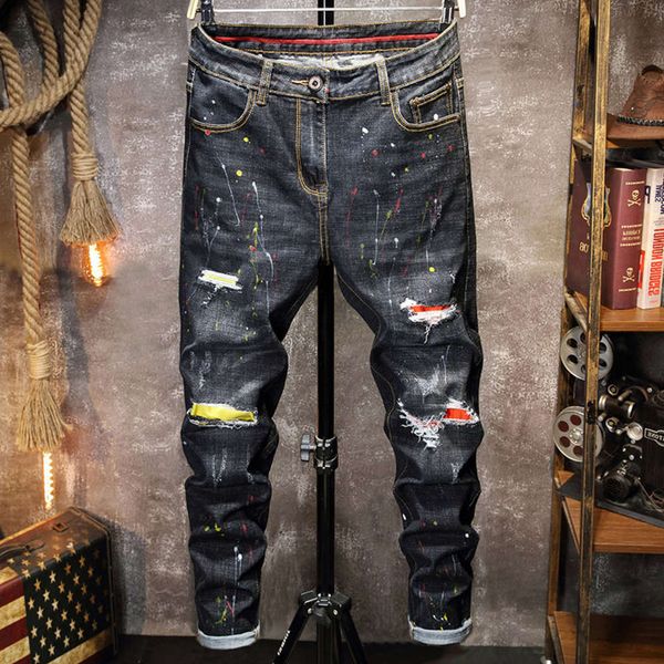 

2021hole jeans, men's handsome, fashion brand, personalized, leisure, ragged, autumn elastic patch, beggars' pants, Blue