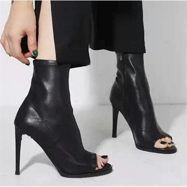 

boots spring fish mouth high heel women's black elastic short