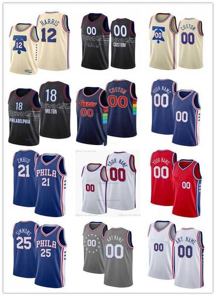 

75th men women youth joel 21 embiid 12 tobias harris ben 25 simmons 18 shake milton custom basketball jersey, Black;red
