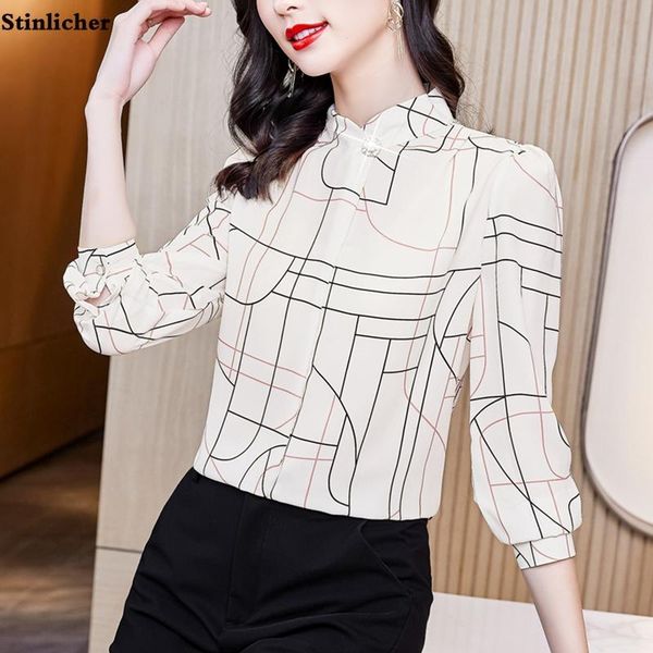 

women's blouses & shirts spring autumn chiffon striped shirt women blouse fashion stand collar shiny diamond ol work elegant long sleev, White