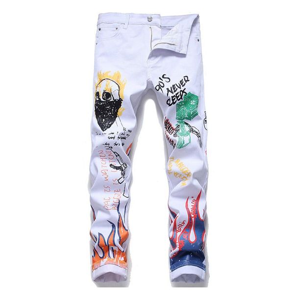 

mcikkny men hip hop printed jeans pants slim straight denim trousers for male nightclub streetwear, Blue