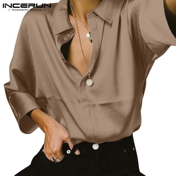 

men's casual shirts 2021 men solid color shirt turn down collar 3/4 sleeve streetwear button loose clothing fashion cozy camisas inceru, White;black