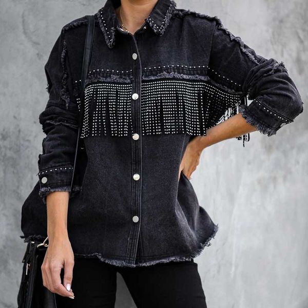 

2021 new long sleeve overshirt black jacket women vintage cotton denim fringe tassel casual autumn coat jean jackets 5k4s, Black;brown