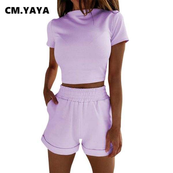 

women's tracksuits cm.yaya women set short sleeve o-neck crop t-shirts loose shorts with pockets casual fashion outfits summer 2021, Gray