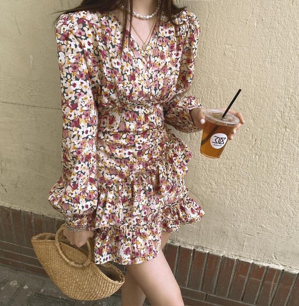 

2021 new v neck primavera vero manga longa mini vestido de festa plissado roupas elegantes vm1m, Black;gray