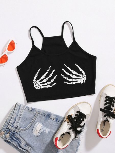 

skeleton print crop cami c59k#, White