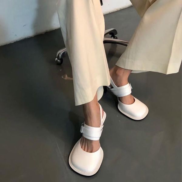 

dress shoes spring summer real leather sandals female ankle buckle hollow thick high heels retro personality shallow big toe pumps, Black