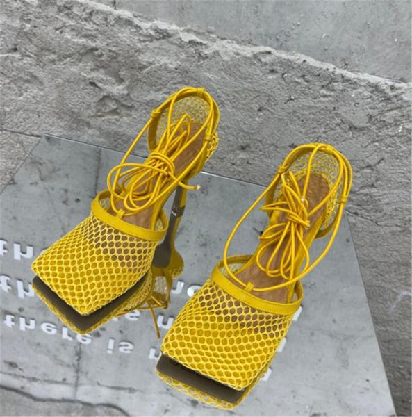 

sandals savaly summer yellow mesh hollow pumps female square toe high heel lace up cross-tied stiletto leisure shoes, Black