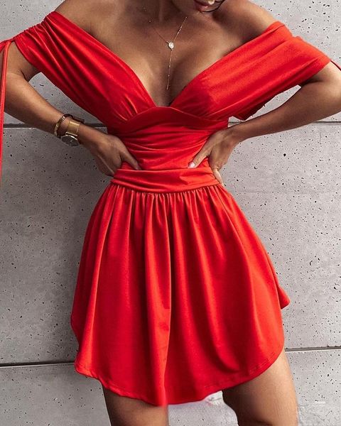 

casual dresses women's red pleated deep v waist dress, Black;gray