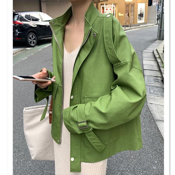 

women's leather & faux spring short oversized green soft light jacket women streetwear long sleeve black loose autumn korean fashion 20