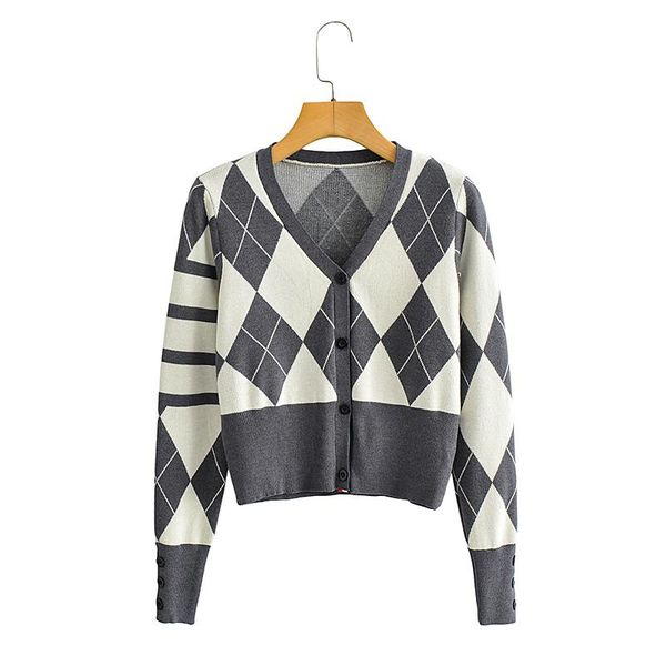 

women's knits & tees women 2022 fashion diamond knit short cardigan sweater retro long sleeve single breasted outerwear streetwear, White