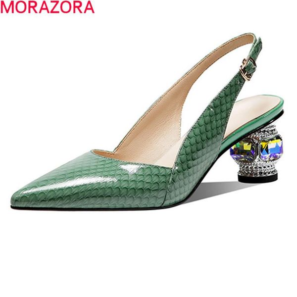 

sandals morazora 2021 genuine leather women pointed toe diamond thick heels summer ladies party shoes for woman, Black