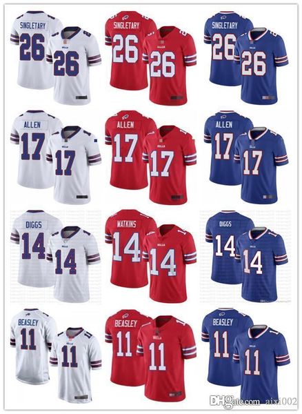 

mens womens youth buffalo bills 14 stefon diggs 17 josh allen 26 devin singletary 11 cole beasley white red blue football jerseys, Black;red